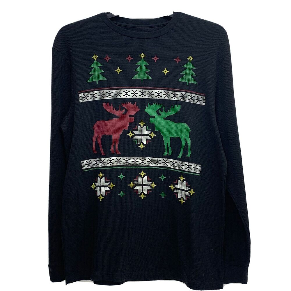 Christmas Cheer holiday long sleeve thermal shirt, Men's L Graphic Moose